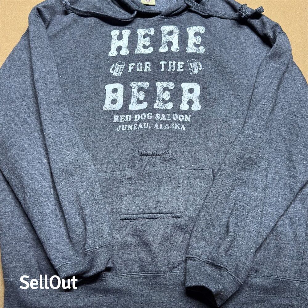 Red Dog Saloon "Here for the Beer" Graphic Hoodie Gray XL Unisex Pullover